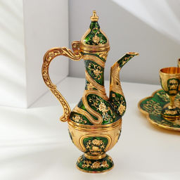 Набор посуды сувенирной: винный кувшин, 6 бокалов, поднос Турция. Цветы и узоры, зелёный с золотом