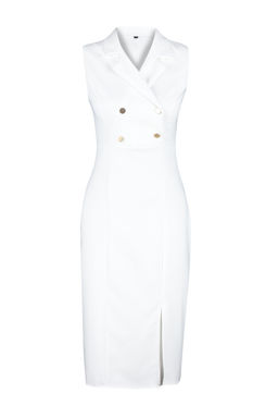 Ekru Vucuda Oturan Dugme Detayl? Y?rtmacl? Midi Kalem Etek Dokuma Elbise TWOSS23EL02256