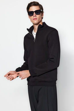 Siyah Regular/Normal Kesim Dik Yaka Fermuarl? Pamuklu Basic Ici Polarl? Sweatshirt TMNAW24SW00041