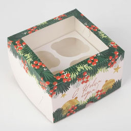 Цена за 5 шт. Коробка для капкейков «Новогодний подарок» 16×16×10 см