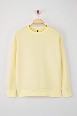 Ac?k Sar? Oversize/Rahat Kesim Basic Bisiklet Yaka Kal?n/Ici polarl? Orme Sweatshirt TWOAW24SW00102