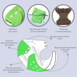 Трусики-подгузник, многоразовый, угольно-бамбуковая ткань, цвет зеленый, от 0-36 мес. - Крошка я фото 2