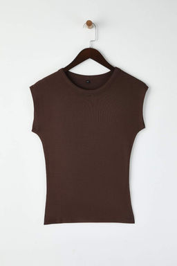 Kahverengi Renk Bloklu Viskoz/Yumusak Kumas Fitted/Vucuda Oturan Esnek Orme Bluz TWOSS23BZ00992