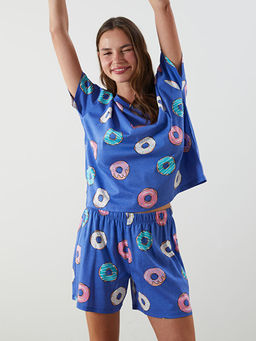 Bisiklet Yaka Desenli Kad?n ?ortlu Pijama Tak?m?