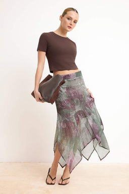 Yesil Etnik Desenli Sifon Astarl? Asimetrik Midi Etek TWOSS26ET00060