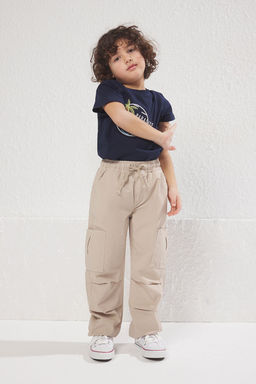 Bej %100 Pamuk Erkek Cocuk Cep Detayl? Lastikli Kordonlu Dokuma Pantolon TKDSS25PL00005