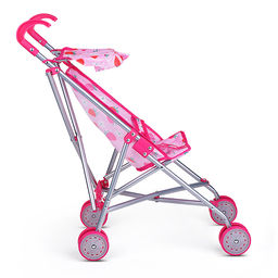 Коляска для кукол металлическая, складная, прогулочная с козырьком, цвет розовый с клубничкой.
