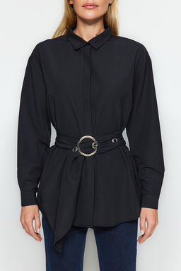 Siyah Kemerli Toka Detayl? Pamuklu Dokuma Gomlek TWOAW20GO0099