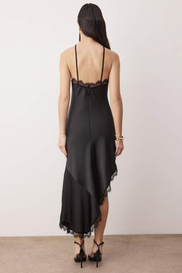 Siyah Duz Dantel Detayl? Dokuma Saten Midi Astars?z S?k/Gece Elbise - Trendyolmilla фото 4