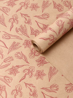 Бумага упаковочная крафт Ирисы красный цвет на коричневом фоне, 0.72?105% м, 60 г