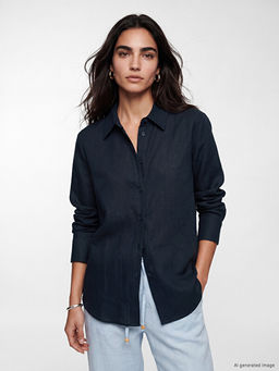 Keten Kar???ml? Oversize Kad?n G?mlek