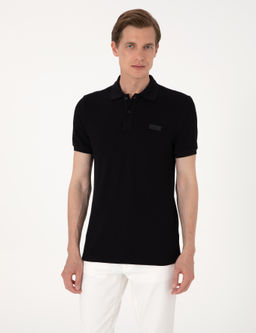 Siyah Slim Fit _rme Dokulu Polo Yaka Ti__rt
