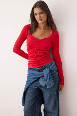 More Sustainable Siyah Fitted/Vucuda Oturan Buzgulu V Yaka Uzun Kollu Esnek Orme Bluz TWOAW26BZ00163 - Trendyolmilla фото 9