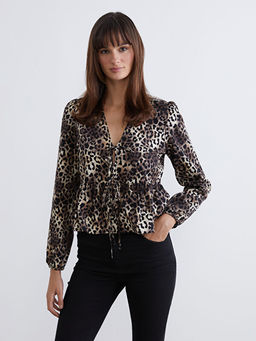 V Yaka Leopar Desenli Bluz