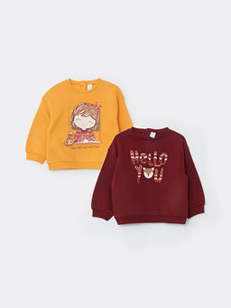 Bisiklet Yaka Uzun Kollu Bask?l? K?z Bebek Sweatshirt 2li