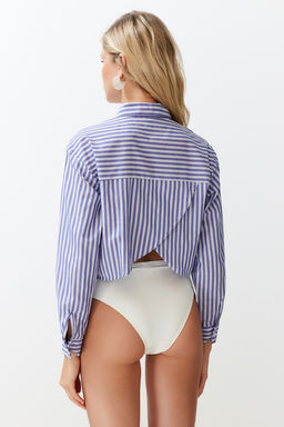 TRENDYOLMILLA Cizgili Crop Dokuma S?rt Dekolteli Keten Gorunumlu Plaj Gomlegi TBESS24GO00012  фото 13