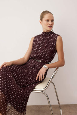 Kahverengi Kemerli Puantiyeli Kemerli Midi Dokuma Elbise TWOAW26EL00295 - Trendyolmilla фото 2