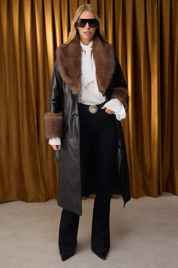 Ozel Koleksiyon Siyah Suni Deri Kurk Detayl? Mono Kapama Oversize Uzun Kaban TWOAW26KB00039