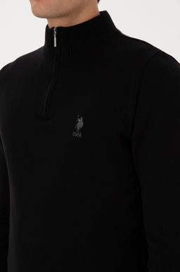 Erkek Slim Fit Yar_m Fermuarl_ Siyah Kazak