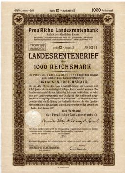 Облигация 4,5% 1000 рейхсмарок 1937 года Германия