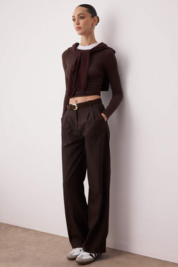 Kahverengi Wide Leg/Genis Paca Pilili Dokuma Kumas Pantolon TWOAW22PL0475 Palazzo