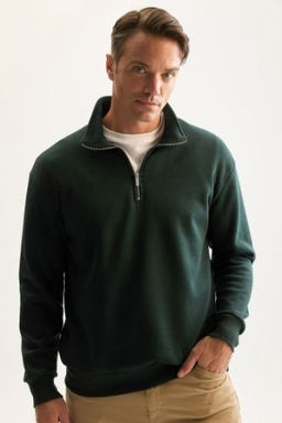 3 Iplik Pamuklu Sardonlu Ici Polarl? Comfort Regular Fit Rahat Kal?p Dik Yaka Fermuarl? Kal?n Sweatshirt