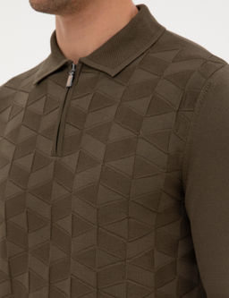 Koyu Haki Slim Fit Polo Yaka Fermuarl_ Triko Kazak - Pierre cardin фото 7