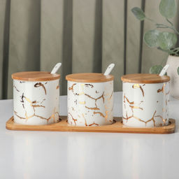 Банки с ложками на деревянной подставке Эстет. Gold, набор 3 шт.: 300 мл, керамика, белые