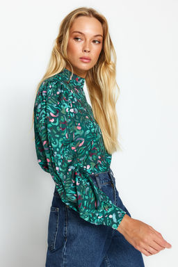 Yesil Dik Yaka Desenli Dokuma Bluz TWOAW21BZ0269