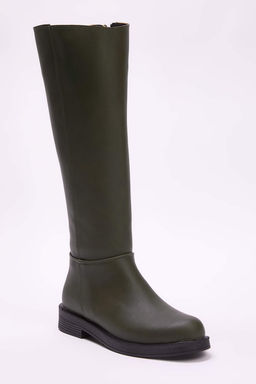 Haki Fermuarl? K?sa Kad?n 4 cm Duz Topuklu Cizme TAKAW25CZ00000