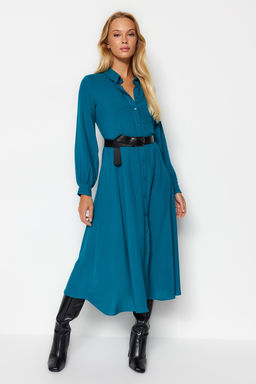 TRENDYOLMILLA Siyah Kemerli Midi Dokuma Gomlek Elbise TWOAW21EL1428  фото 3