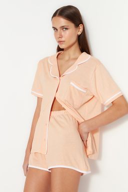 Trendyolmilla Lacivert %100 Pamuklu Biye Detayl? Sortlu Orme Pijama Tak?m? THMSS20PT0406