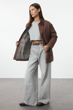 Kahverengi Regular Kal?p Mumlu Gabardin Yakas? Kadife Ekose Astarl? Ceket Mont TWOAW25MO00312 - Trendyolmilla фото 2