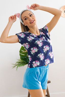 Комплект женский из футболки со спущенным плечом и шорт Fairy-tale цветы на темно-синем - Амадэль фото 4