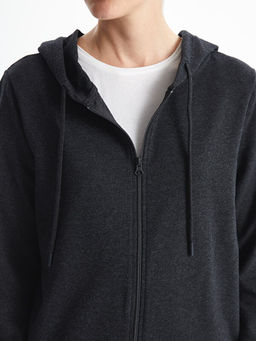Kap??onlu D?z Uzun Kollu Kad?n Fermuarl? Sweatshirt
