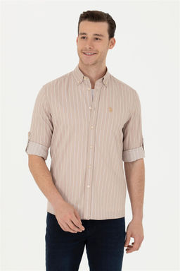 Мужская рубашка песочного цвета с длинным рукавом