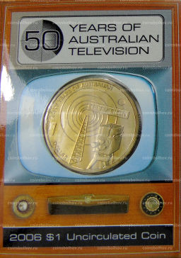 Монета 1 доллар 2006 года В Австралия 50 лет австралийскому телевидению (в блистере)