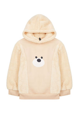 Bej Erkek Cocuk Kapusonlu Polar Bask?l? Orme Sweatshirt TKDAW25SW00017.