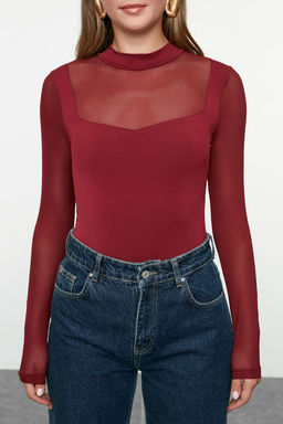 Bordo Fitted/Vucuda Oturan Tul Detayl? Uzun Kollu Dik Yaka Esnek C?tc?tl? Orme Body TWOAW24BD00049