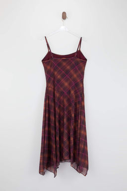 Bordo Ekose Asimetrik Havuz Yaka Ince Ask?l? Kolsuz Midi Tul Orme Elbise TWOSS26EL00048