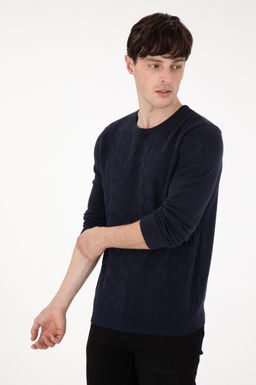 Erkek Slim Fit Bisiklet Yaka Lacivert Basic Kazak