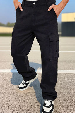 Siyah Kargo Cepli Baggy Kal_p %100 Pamuklu Gabardin Rahat Pantolon TMNSS24PL00021