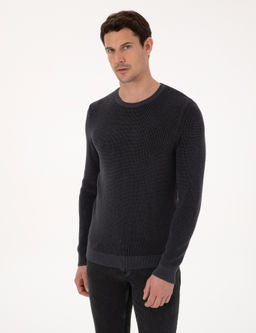 Antrasit Slim Fit Pamuk Kar___ml_ Bisiklet Yaka Triko Kazak