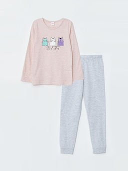 Bisiklet Yaka Bask?l? Uzun Kollu K?z ?ocuk Pijama Tak?m?