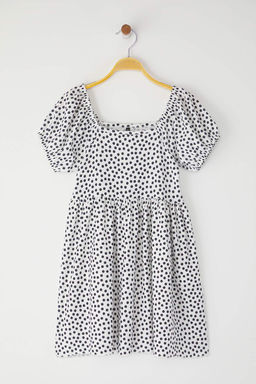 Siyah K?z Cocuk Puantiye Desenli K?sa Kol Bayraml?k Orme Elbise TKDSS24EL00007