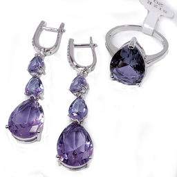 Комплект ювелирной бижутерии Silver Gold кольцо и серьги с Аметрином