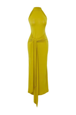 Yag Yesili Kusak Detayl? Halter Yaka Bodycone/Vucuda Oturan Esnek Maxi Orme Elbise TWOSS25EL00689