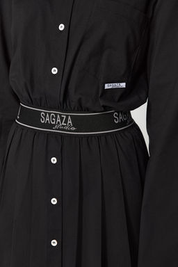 Trendyolmilla X Sagaza Studio Siyah Belden Ac?lan/Skater Beli Lastikli Piliseli Poplin Elbise TCLAW24EL00000