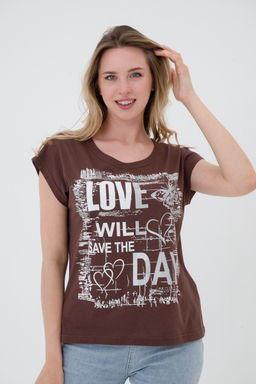 Футболка женская со спущенным плечом из кулирки Лира шоколад с принтом Love - Амадэль фото 6