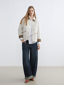 Kadife G?mlek Yaka Kapitone Kad?n ?i?me Mont